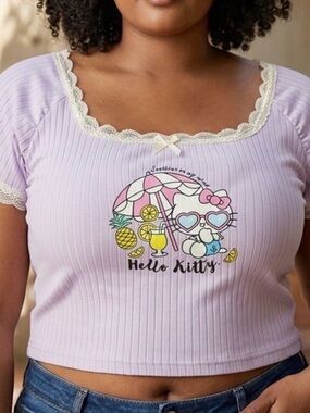 New Hello Kitty Shein Lavender Lace Trim Crop Top Size XL